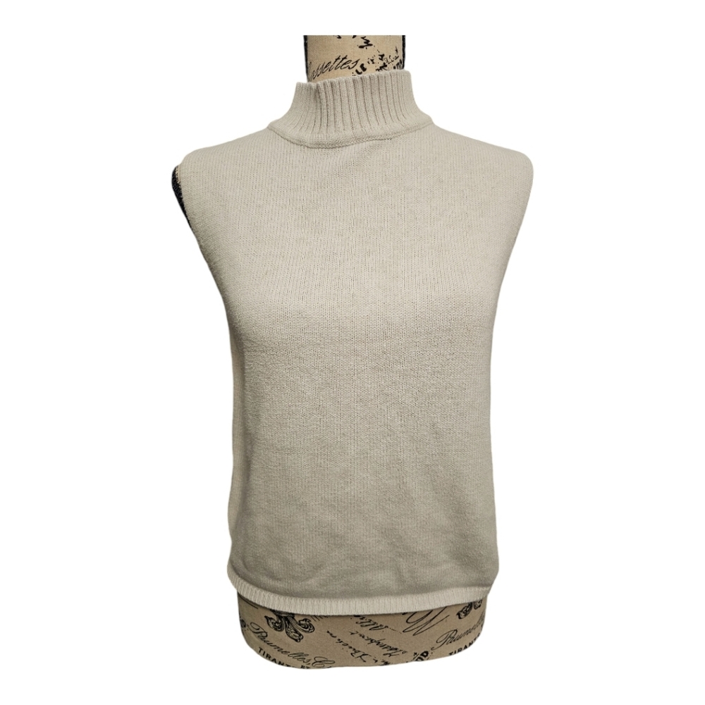 Cleo Light Tan Turtleneck Sleeveless Knit Tank Top in White and Tan. Chic Look